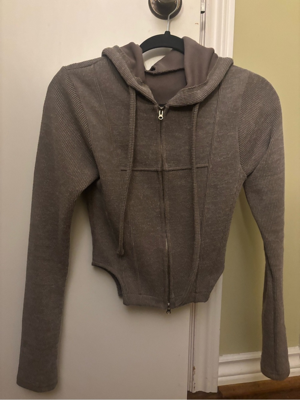 Ribbed Zip-Up Hoodie in Olive Taupe - Picture 3 of 3